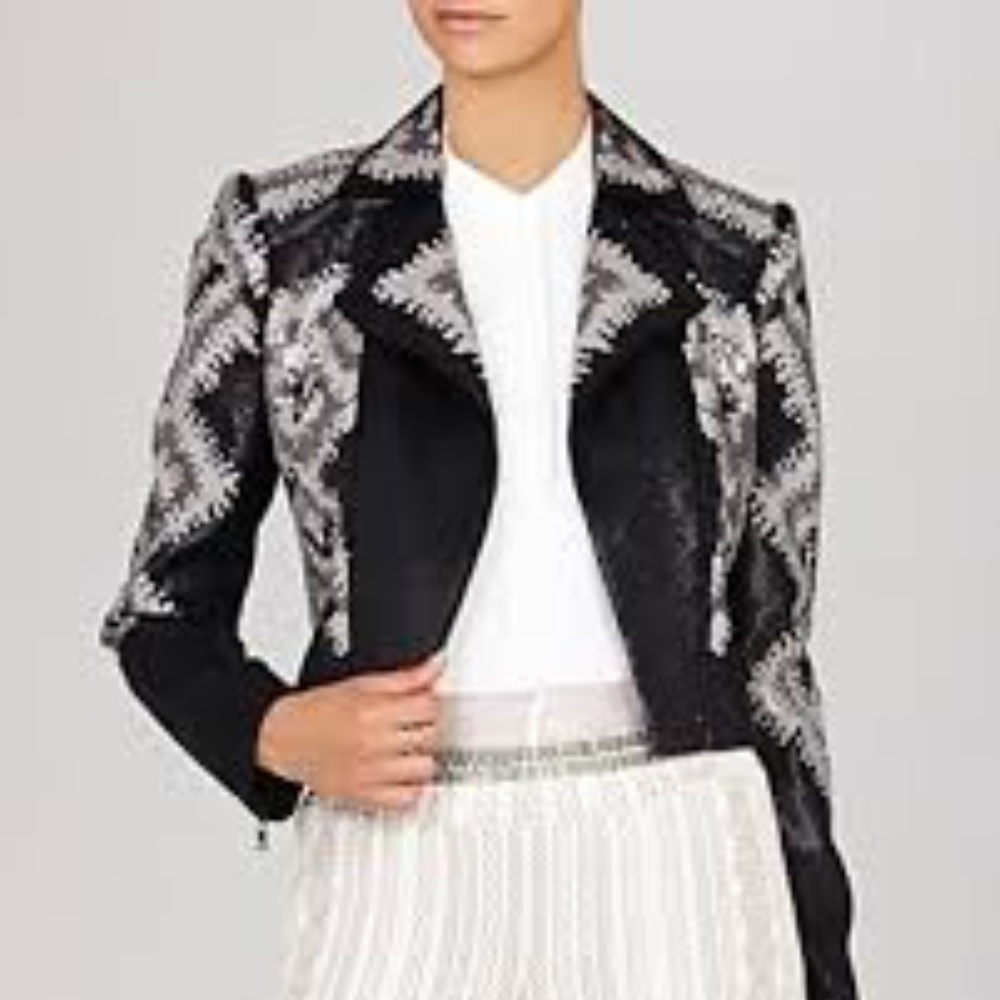 BCBGMaxAzria Abel Black and Grey Geo Sequin Moto Jacket Sz S